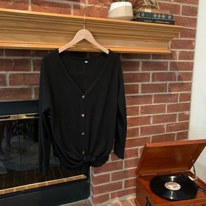 Black front tie thermal knit top